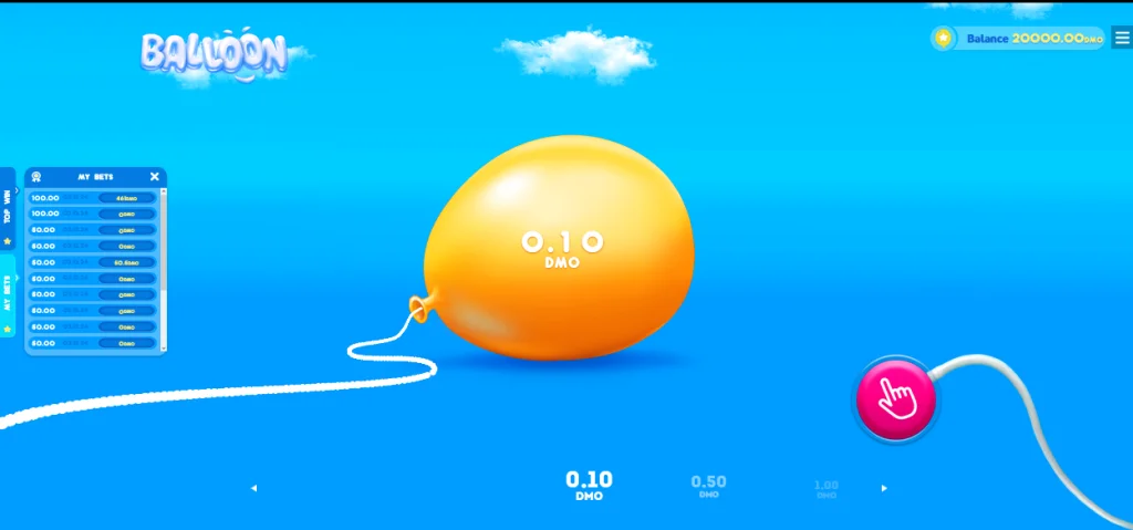 Interfaz del Balloon game – pantalla de juego con multiplicador y botón de retiro